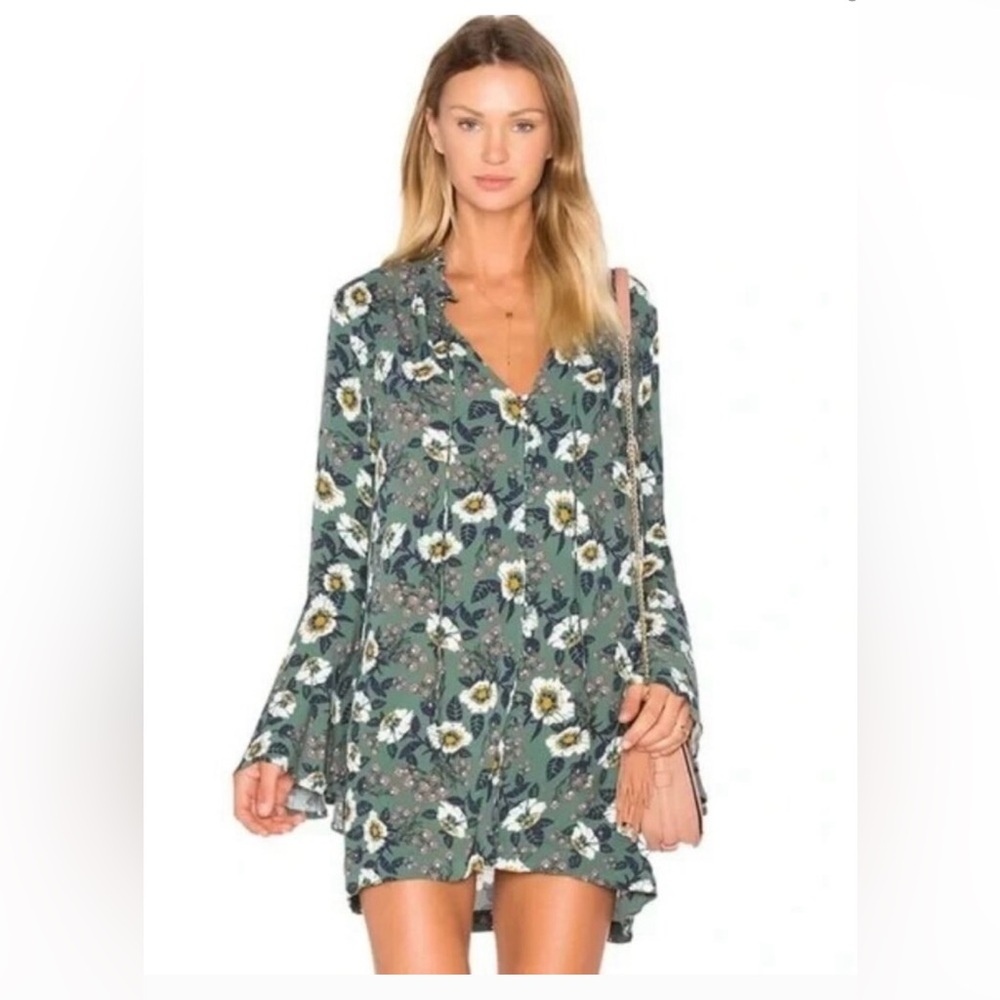 Free People Women’s Floral Magic Mystery Bell Sleeve Green Tunic Dress Top Sz L